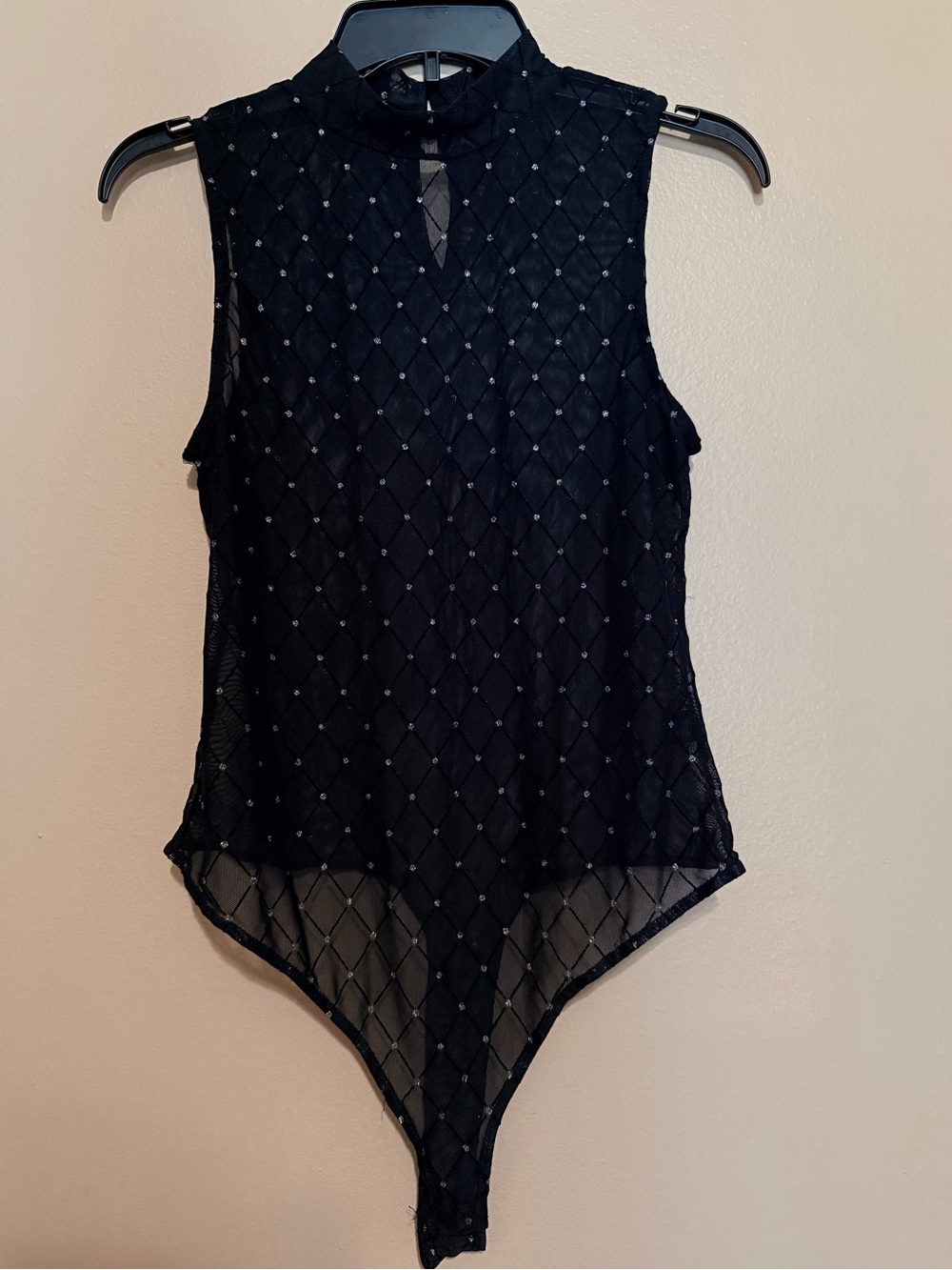 iris Black Sleeveless Mesh Bodysuit with Studded Diamond Grid